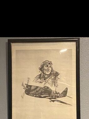 Framed Vintage Pilot & Fighter Plane Art - Black Frame, Cream Print